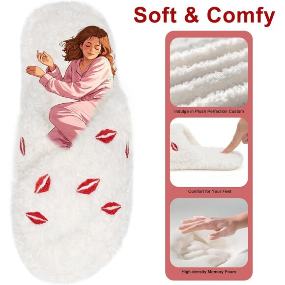 ⚡Women’s White Red Lips Faux Fur Cozy Fuzzy Cross Band Slippers House Shoes - Picture 3 of 6